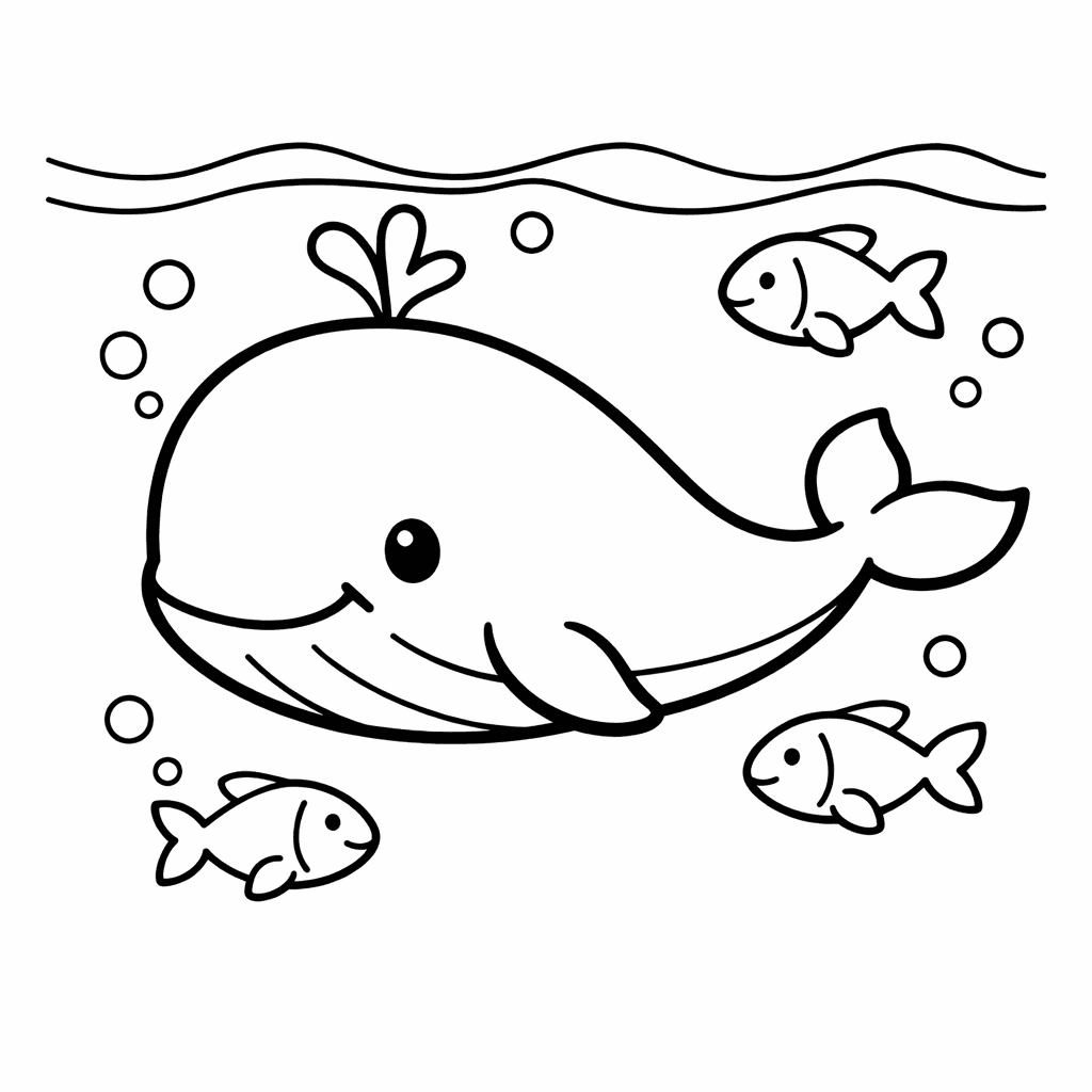 Free printable coloring page: Whale And Fish, for ages 3-6