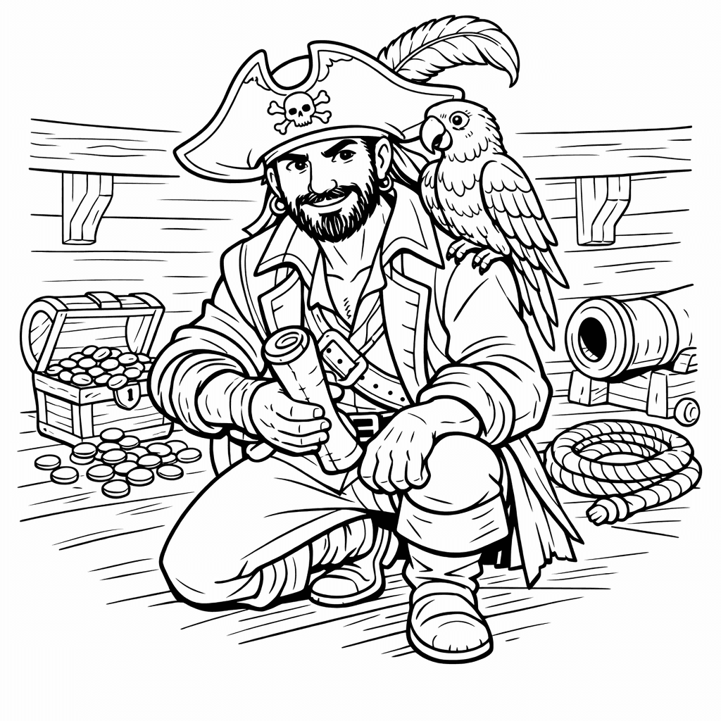 Free printable coloring page: Pirate Captain, for ages 7-12