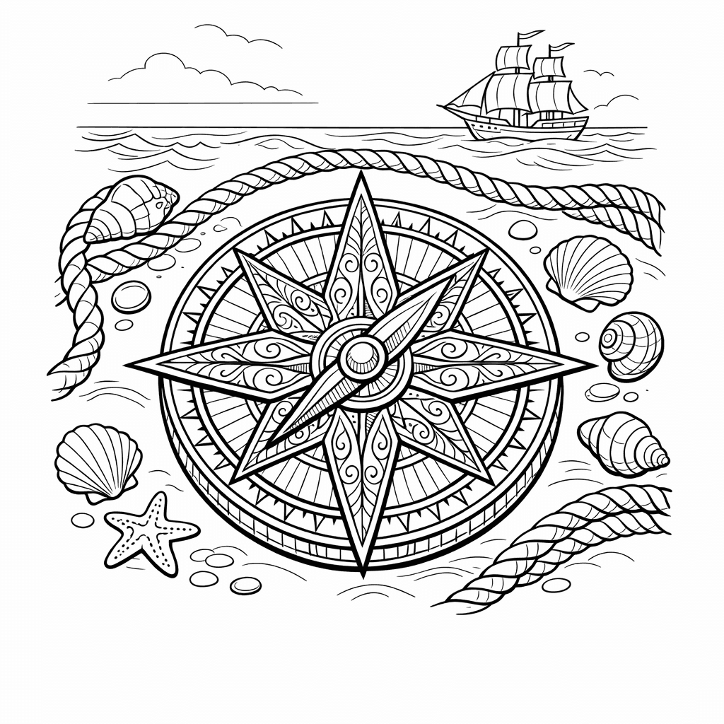 Free printable coloring page: Object Only: A Cute Compass With Clean Outlines,…, for ages 7-12