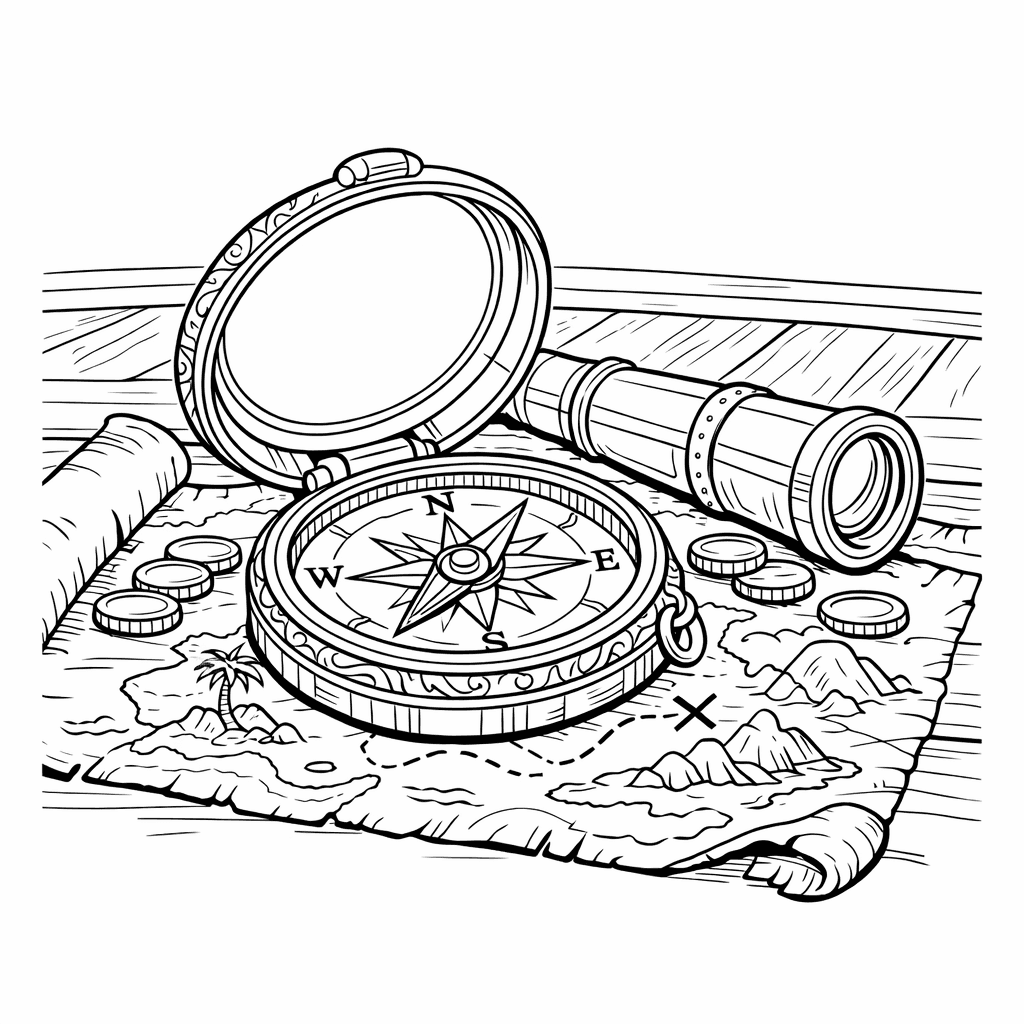 Free printable coloring page: Object Only: A Cute Compass With Clean Outlines, No Background, for ages 7-12