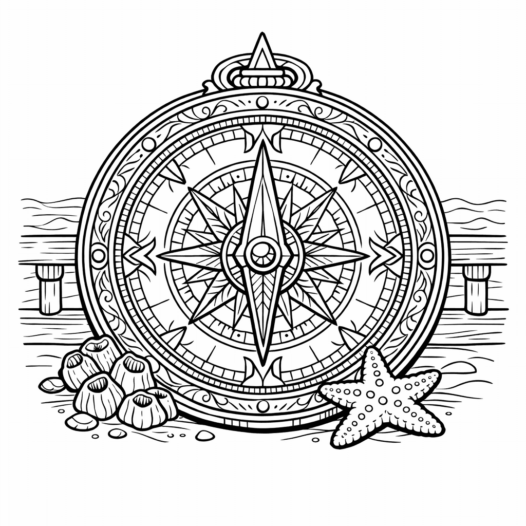Free printable coloring page: Compass And Treasure, for ages 7-12