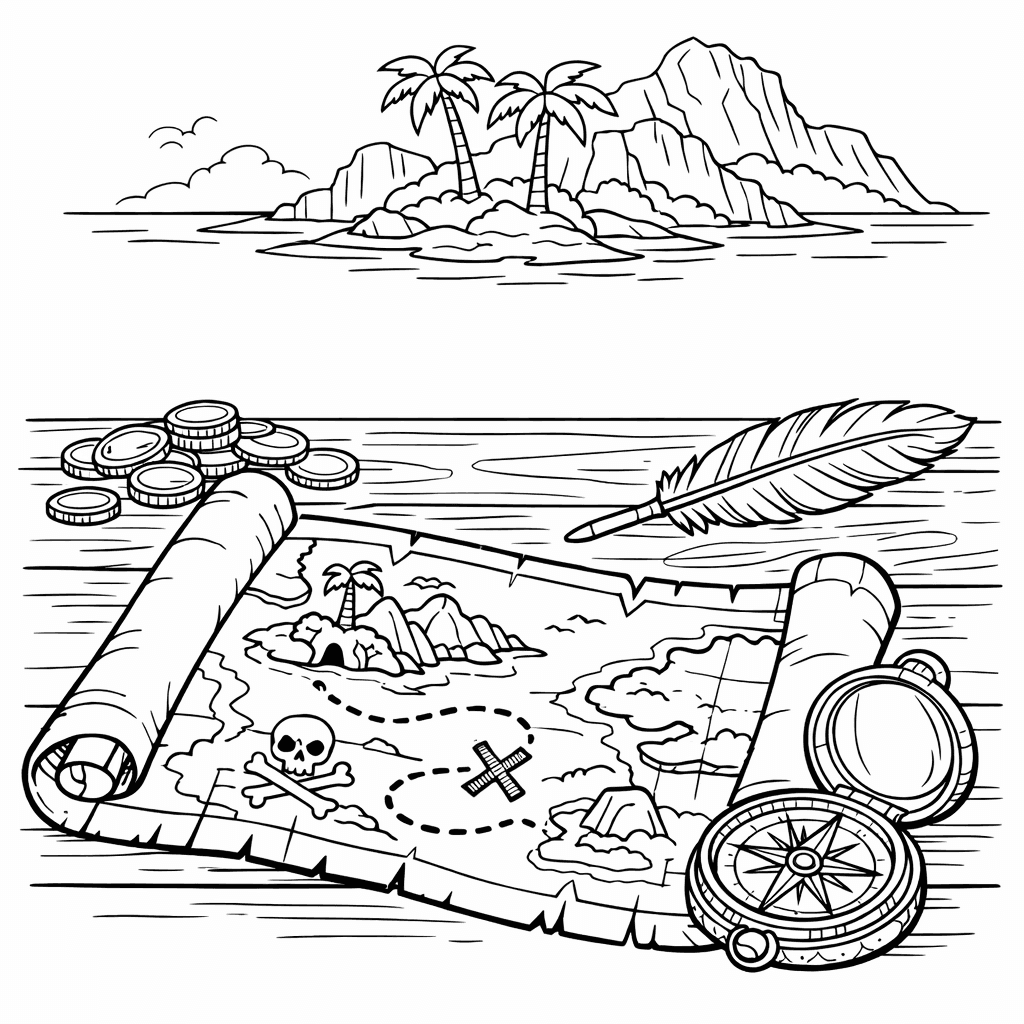 Free printable coloring page: Object Only: A Cute Map With Clean Outlines,…, for ages 7-12