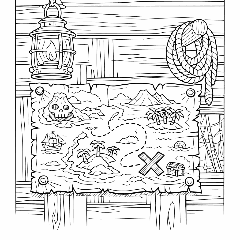 Free printable coloring page: Map And Compass, for ages 7-12