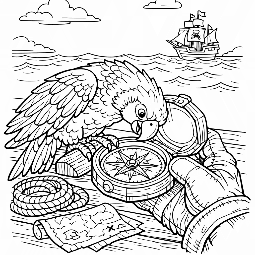 Free printable coloring page: Parrot And Pirate, for ages 7-12