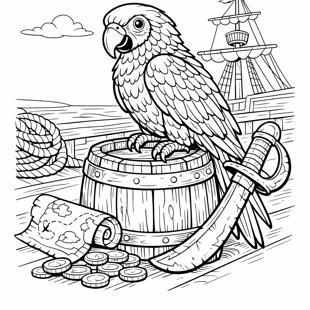 Free printable coloring page: Parrot With Treasure, for ages 7-12