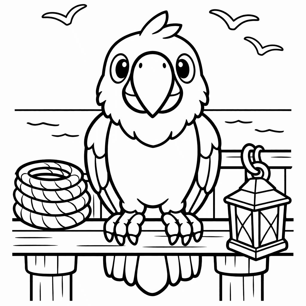 Free printable coloring page: Parrot And Pirate, for ages 3-6
