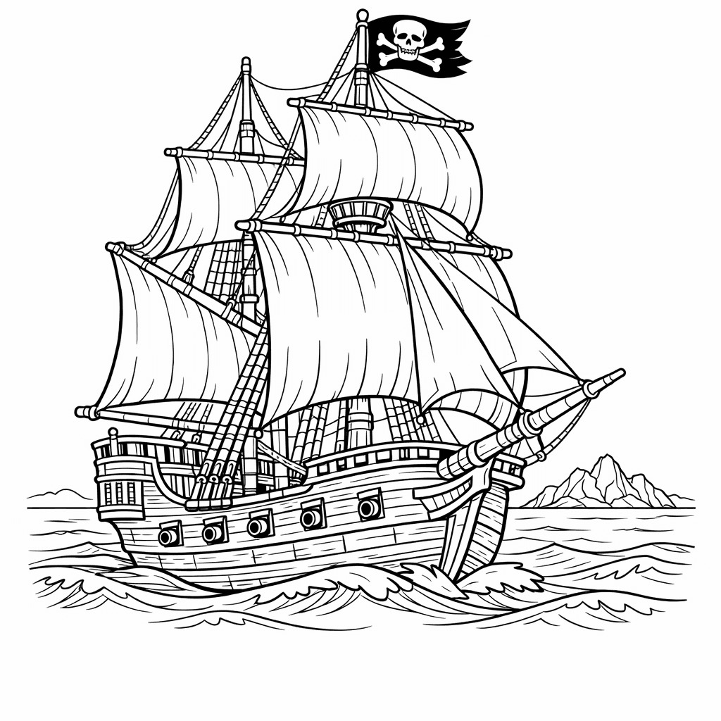 Free printable coloring page: Pirate Ship At Sea, for ages 7-12