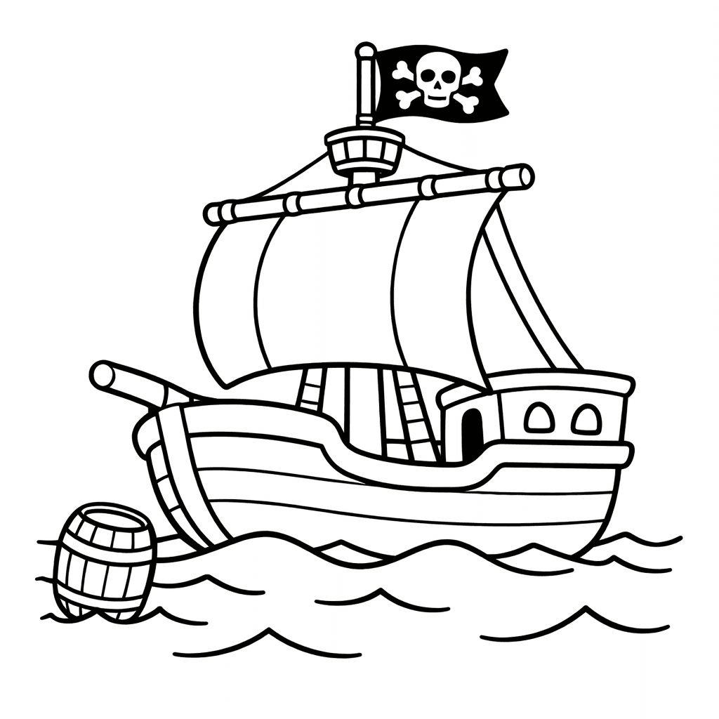 Free printable coloring page: Ship And Skull Flag, for ages 3-6
