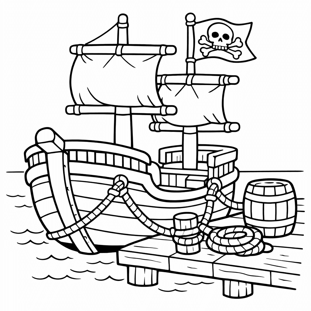 Free printable coloring page: Object Only: A Cute Pirate Ship With Clean Outlines, No Background, for ages 3-6