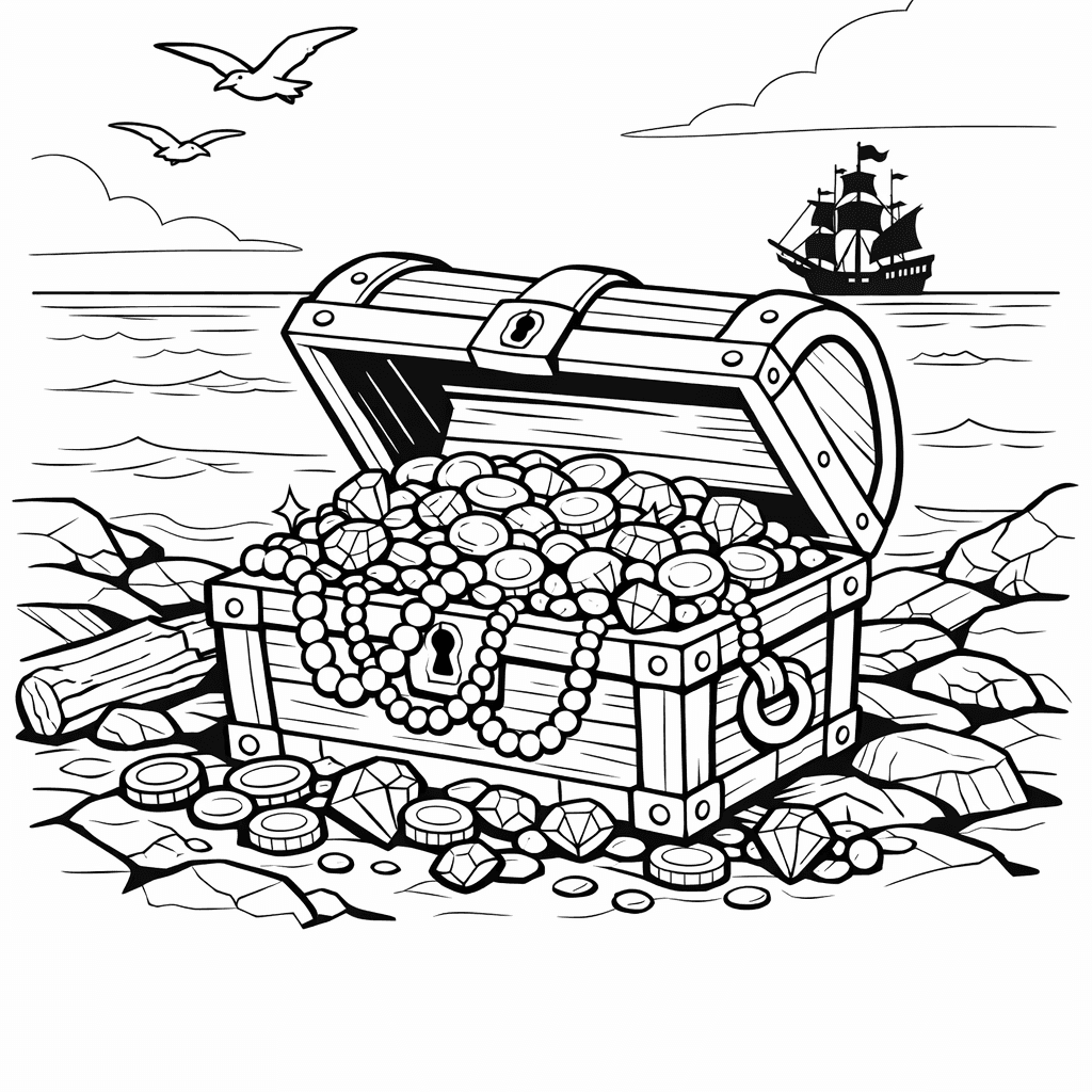 Free printable coloring page: Object Only: A Cute Treasure Chest With Clean Outlines, No Background, for ages 7-12