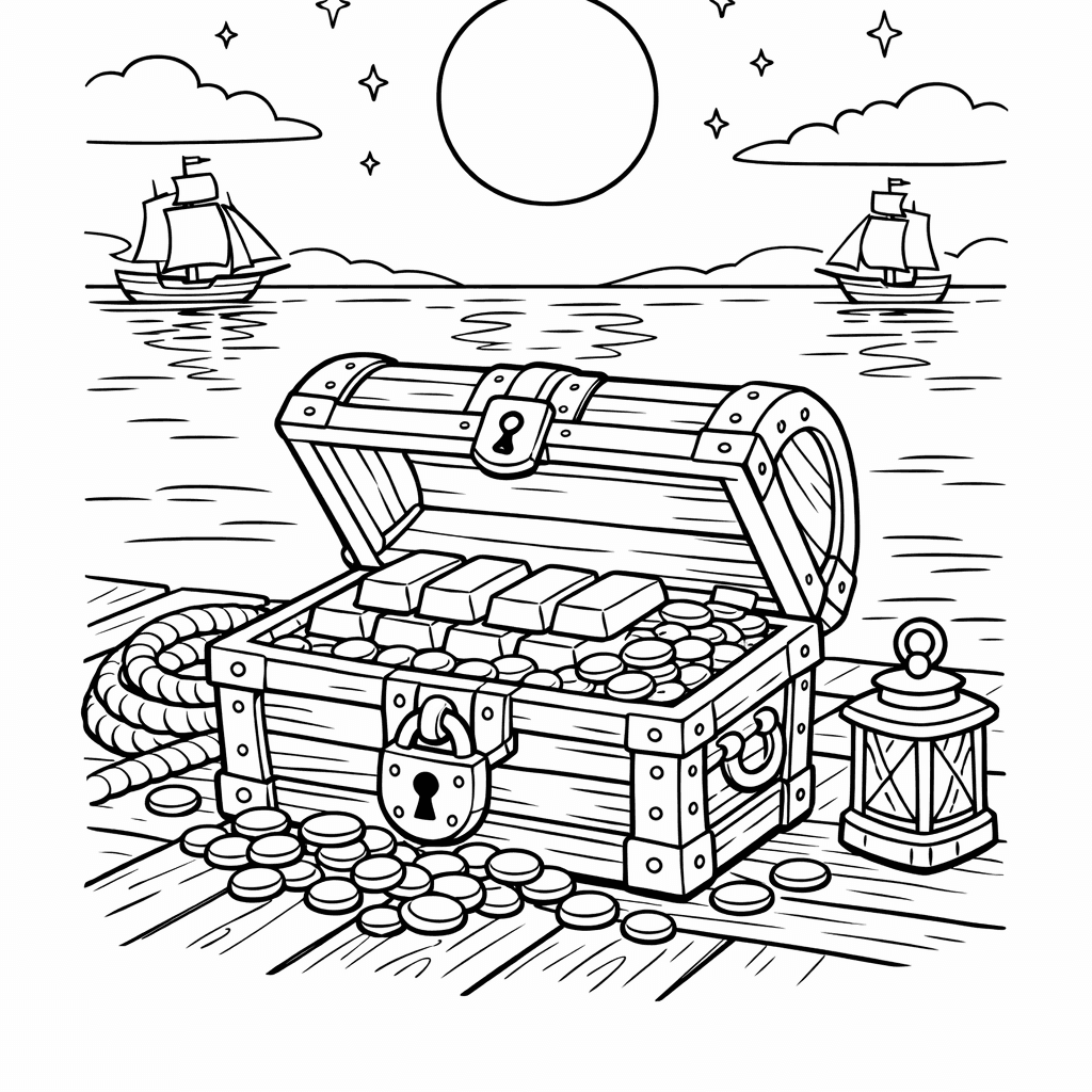 Free printable coloring page: Chest And Coins, for ages 7-12