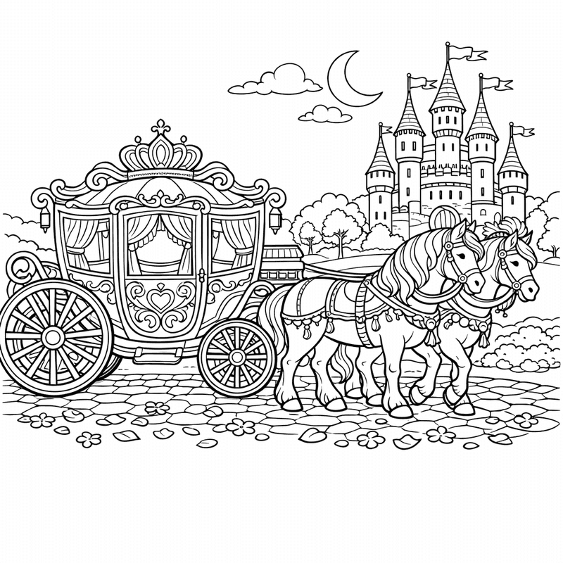 Free printable coloring page: Carriage And Moon, for ages 7-12