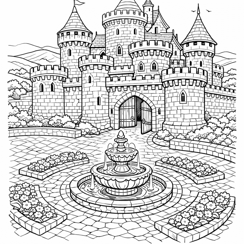 Free printable coloring page: Castle And Moat, for ages 7-12
