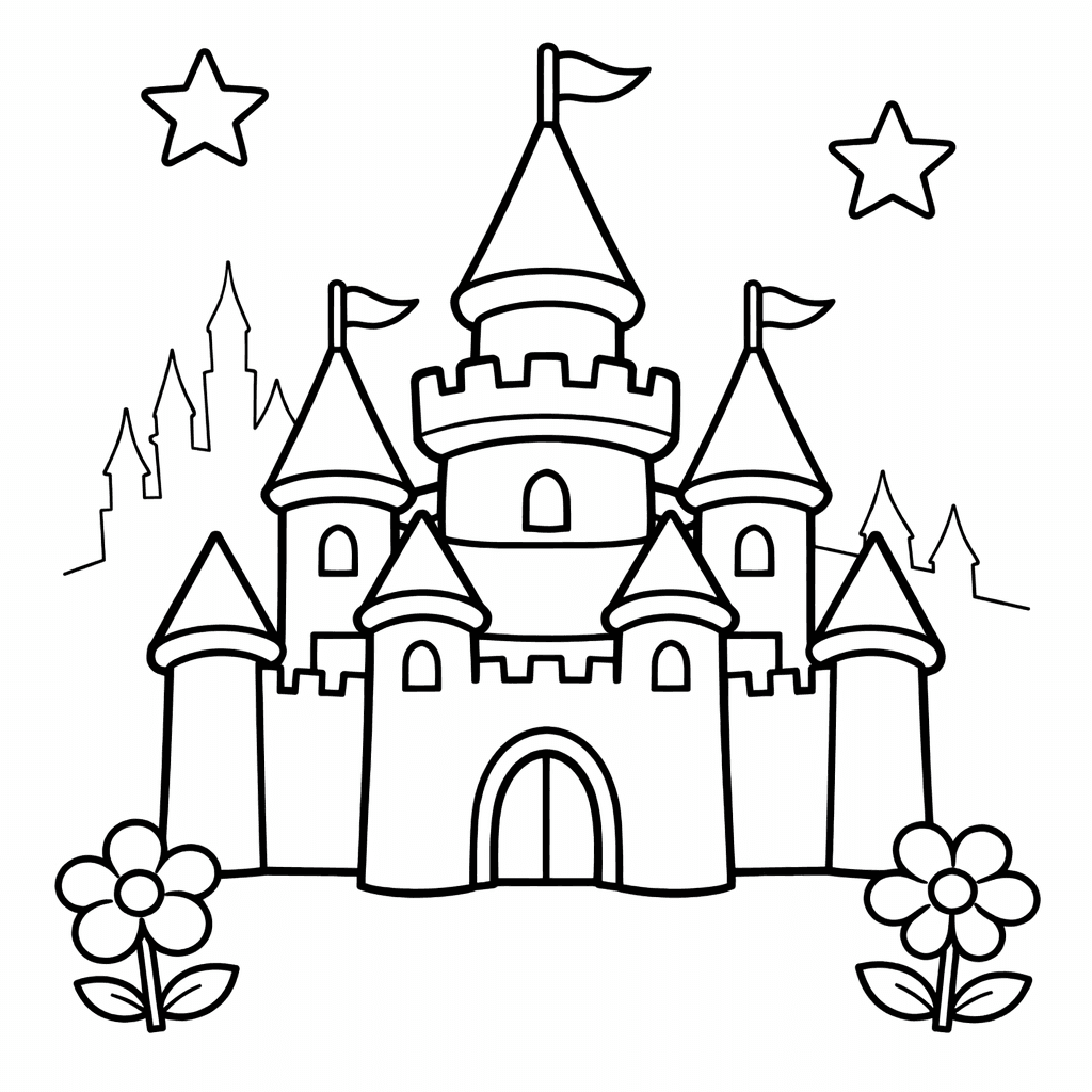 Free printable coloring page: Castle With Towers, for ages 3-6