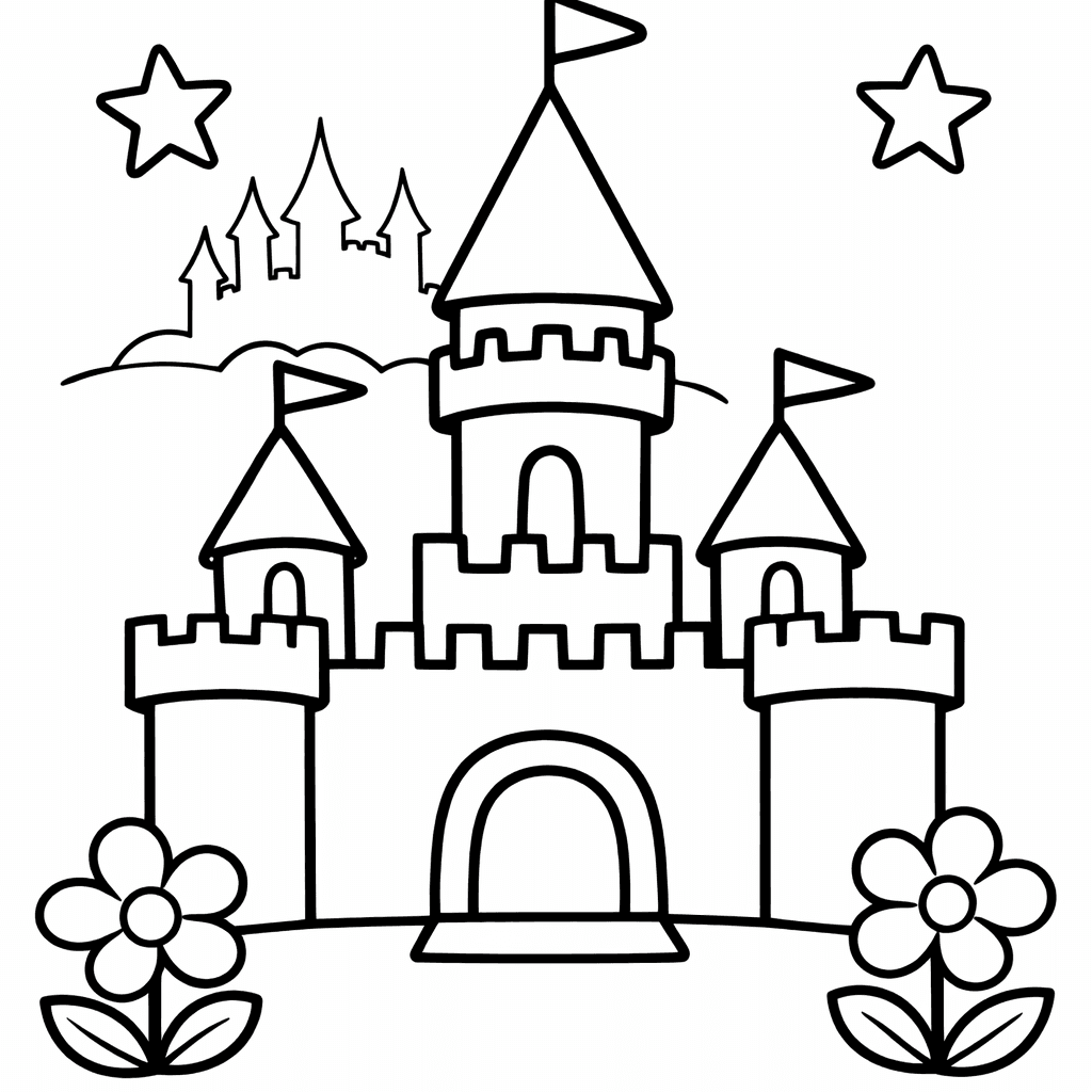 Free printable coloring page: Castle At Sunset, for ages 3-6