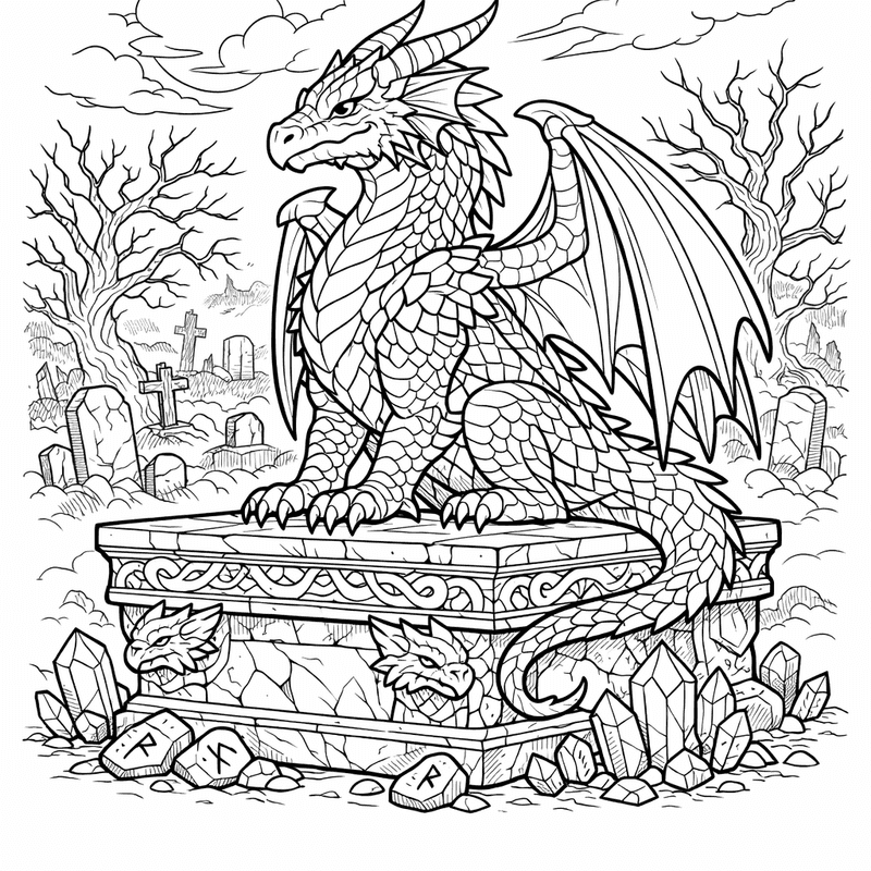 Free printable coloring page: Dragon And Castle, for ages 7-12