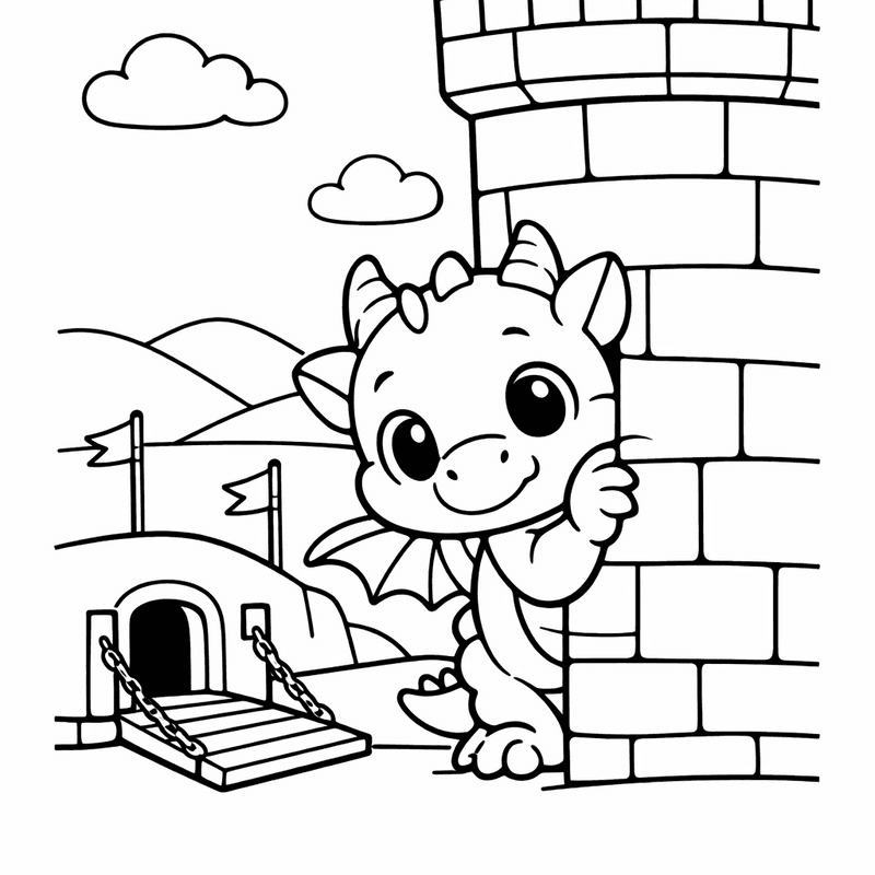 Free printable coloring page: Object Only: A Cute Dragon With Clean Outlines,…, for ages 3-6