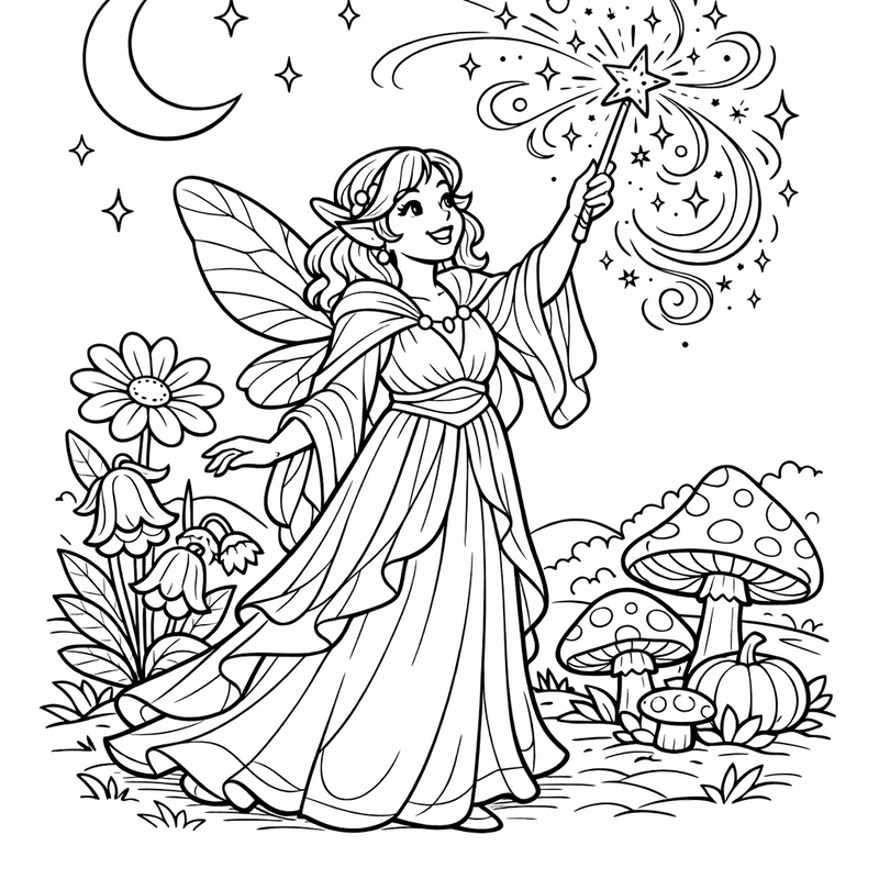Free printable coloring page: A Fairy Godmother Transforming A Pumpkin Into A…, for ages 7-12