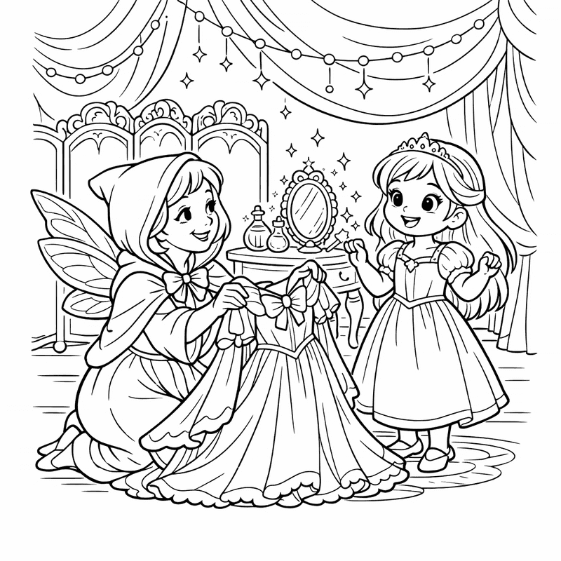 Free printable coloring page: A Fairy Godmother Giving A Princess A Beautiful…, for ages 7-12
