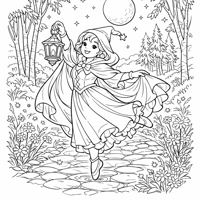 Free printable coloring page: A Fairy Godmother Waving A Sparkly Wand, for ages 7-12