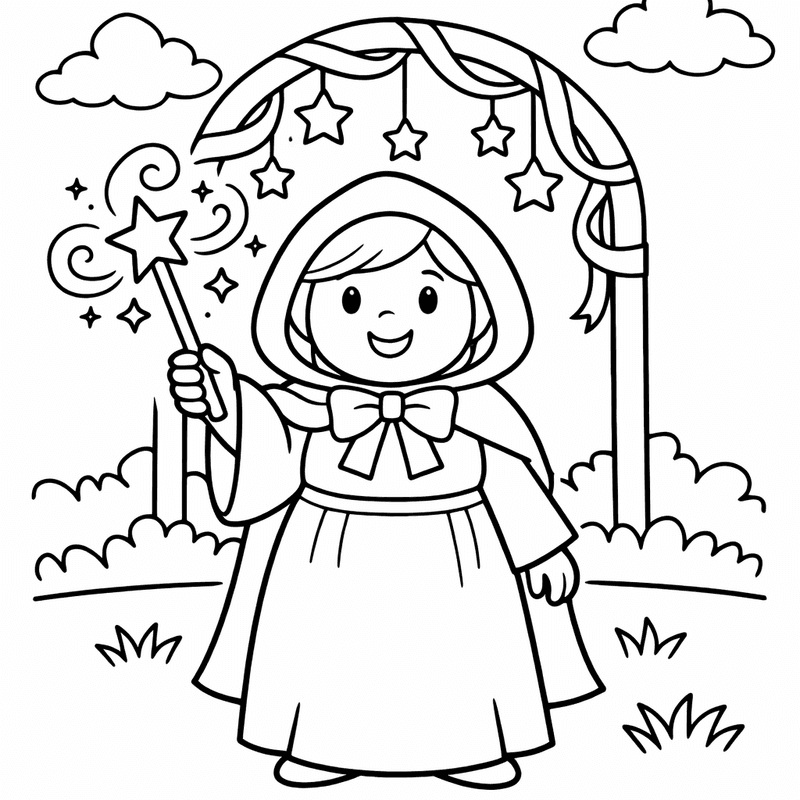 Free printable coloring page: Object Only: A Cute Fairy Godmother With Clean Outlines, No Background, for ages 3-6