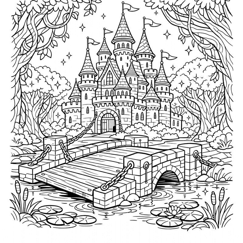 Free printable coloring page: A Tiny Cottage In An Enchanted Forest, for ages 7-12