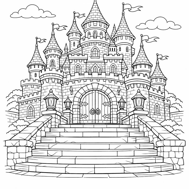 Free printable coloring page: A Grand Fairy Tale Castle With Towers And…, for ages 7-12