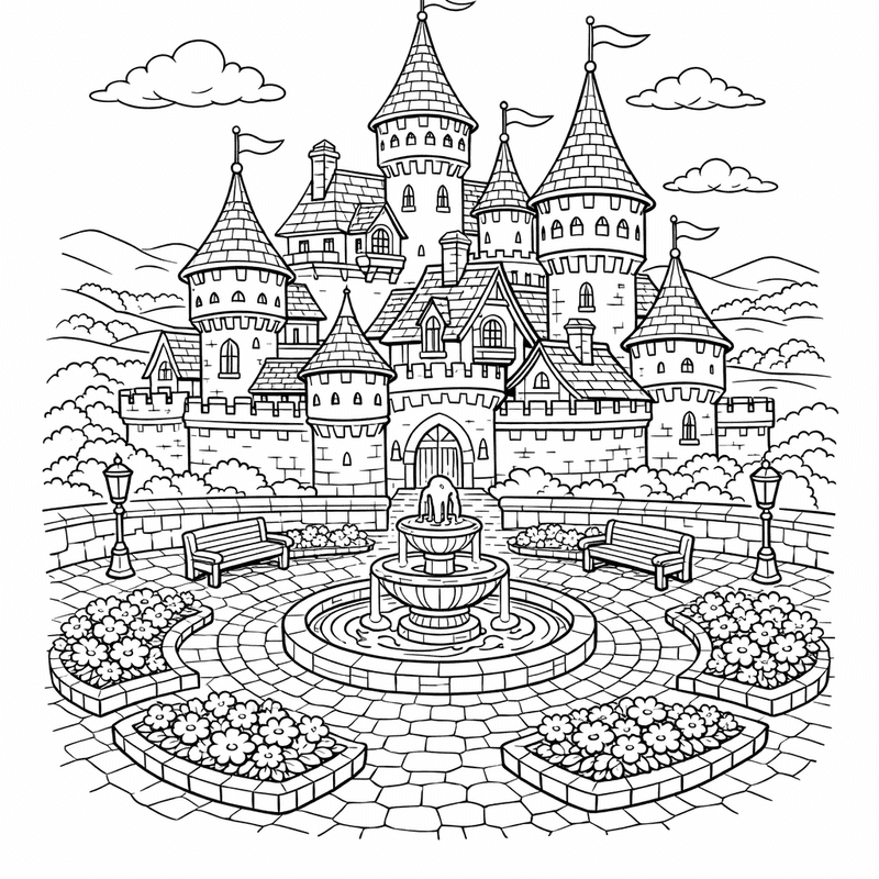Fairy Tale Castle Coloring Page — A Castle With A Moat And Drawbridge In…