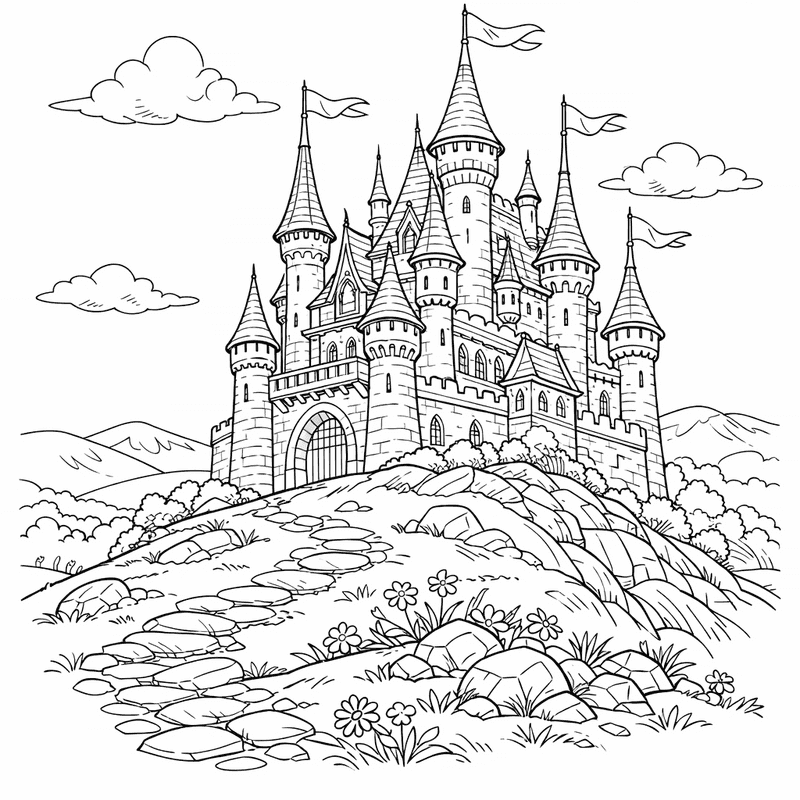 Fairy Tale Castle Coloring Page — A Grand Fairy Tale Castle With Towers And…