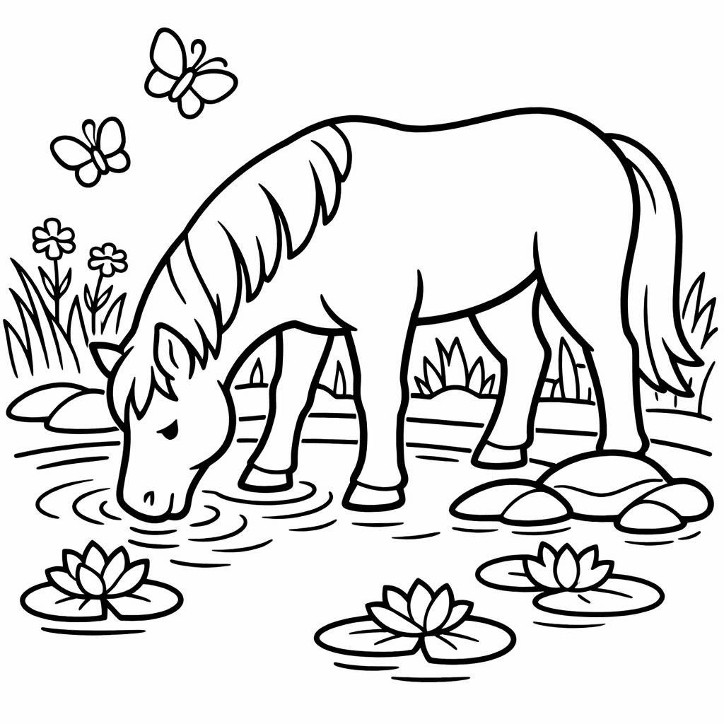 Horse Coloring Page — Horse In Meadow