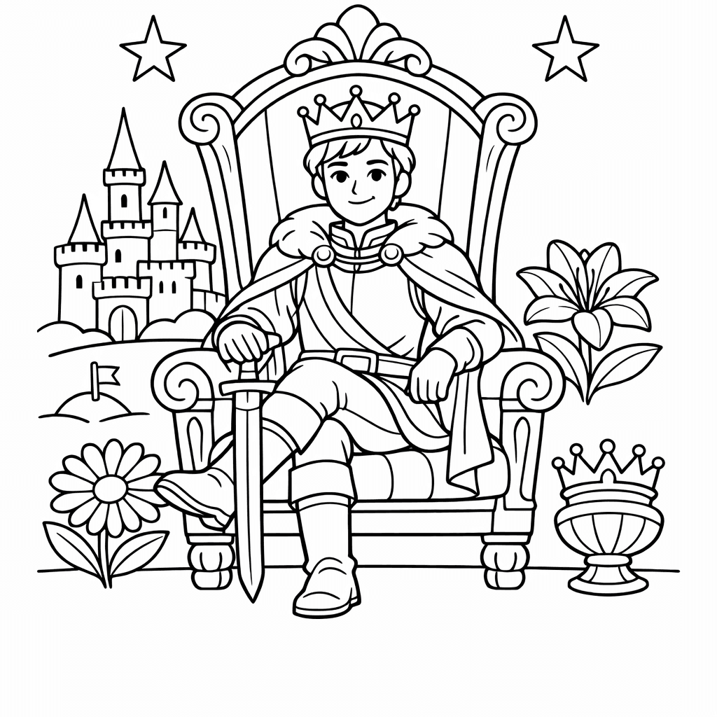 Free printable coloring page: A King Sitting On A Grand Throne, for ages 7-12