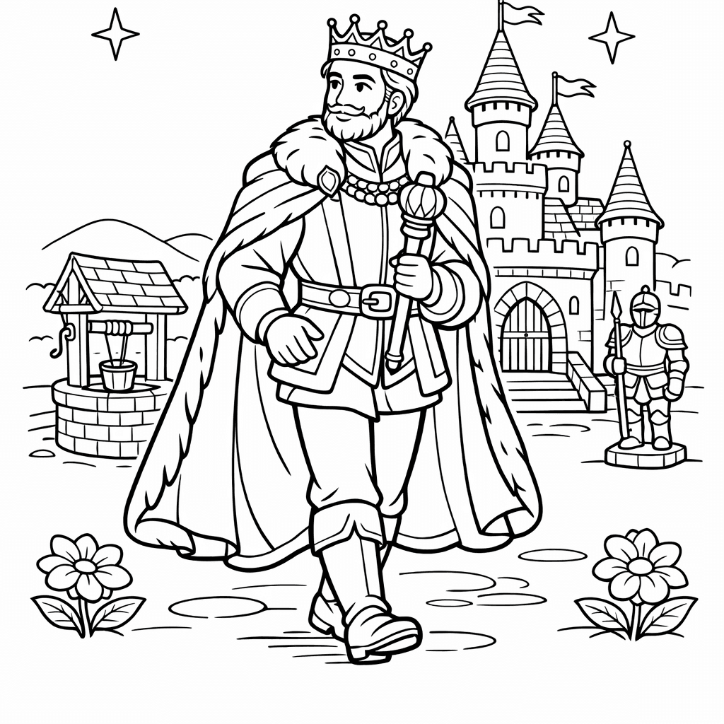 Free printable coloring page: A King Knighting A Brave Warrior, for ages 7-12