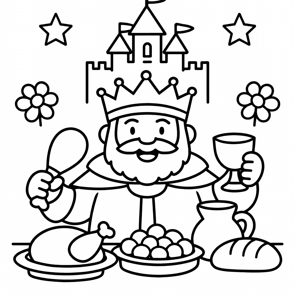 Free printable coloring page: A King Walking Through The Castle Courtyard, for ages 3-6