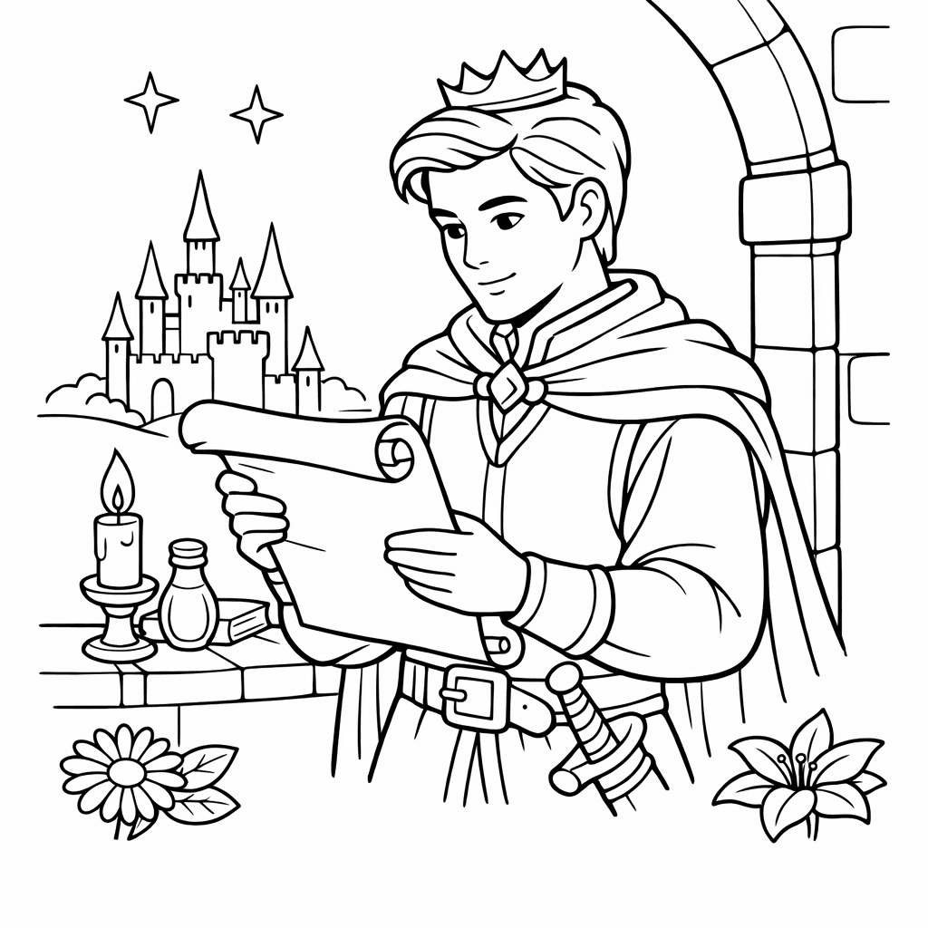 Free printable coloring page: A Prince Petting A Friendly Dragon, for ages 7-12