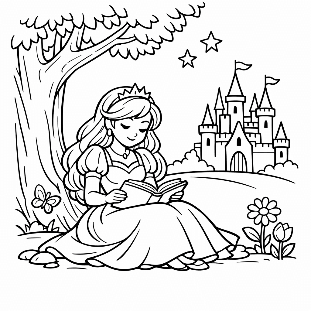 Free printable coloring page: A Beautiful Princess Standing In A Garden Full…, for ages 7-12