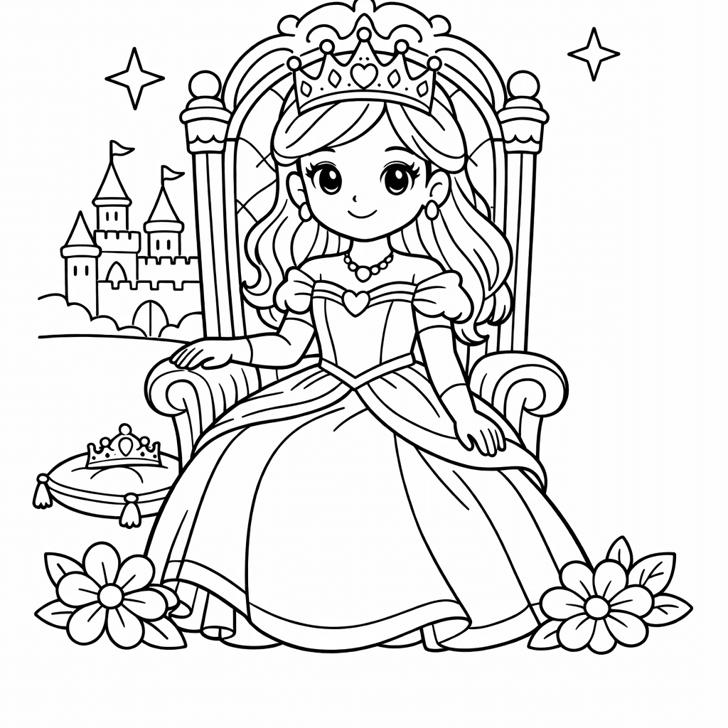 Princess Coloring Page — A Princess Walking Through An Enchanted Forest