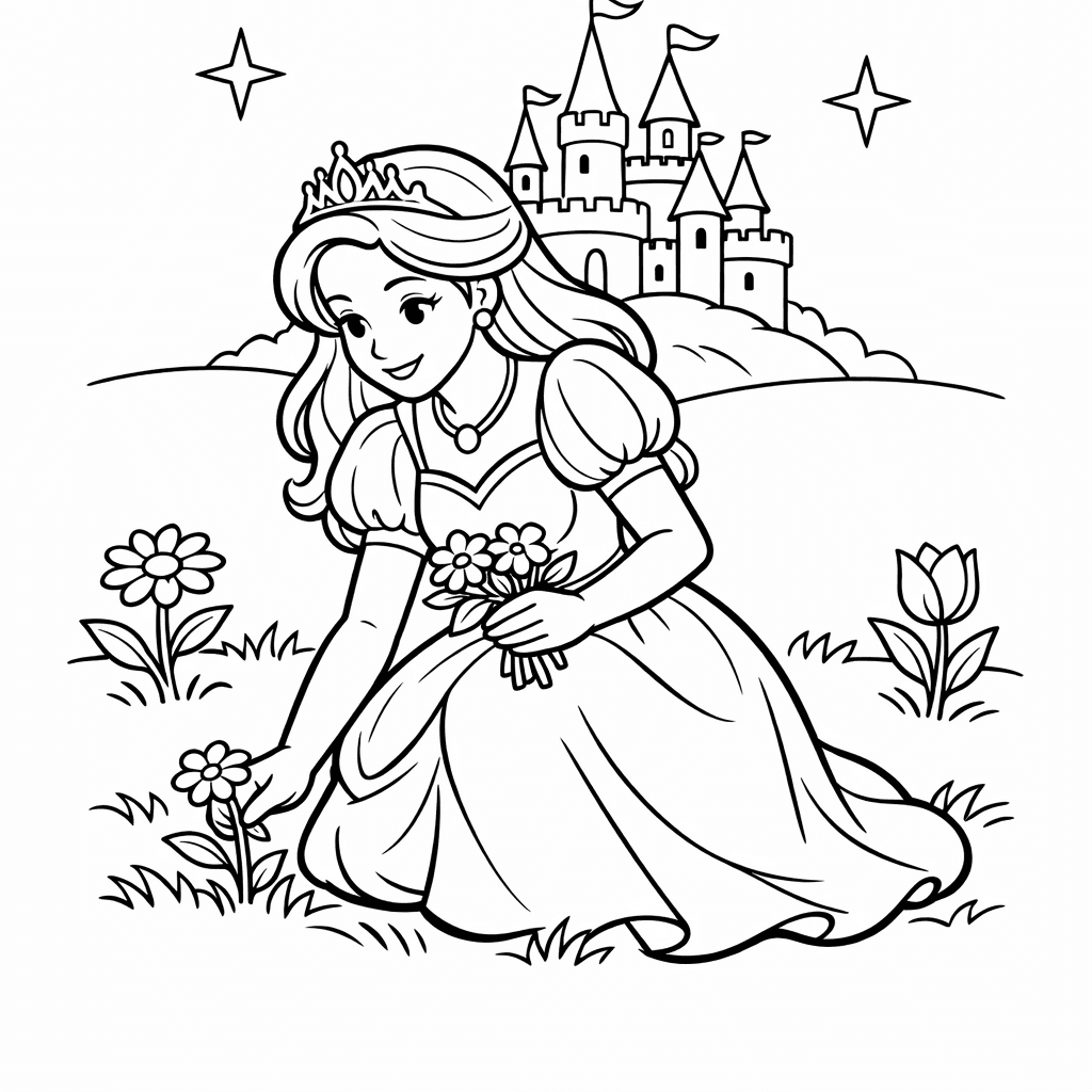 Princess Coloring Page — A Beautiful Princess Standing In A Garden Full…