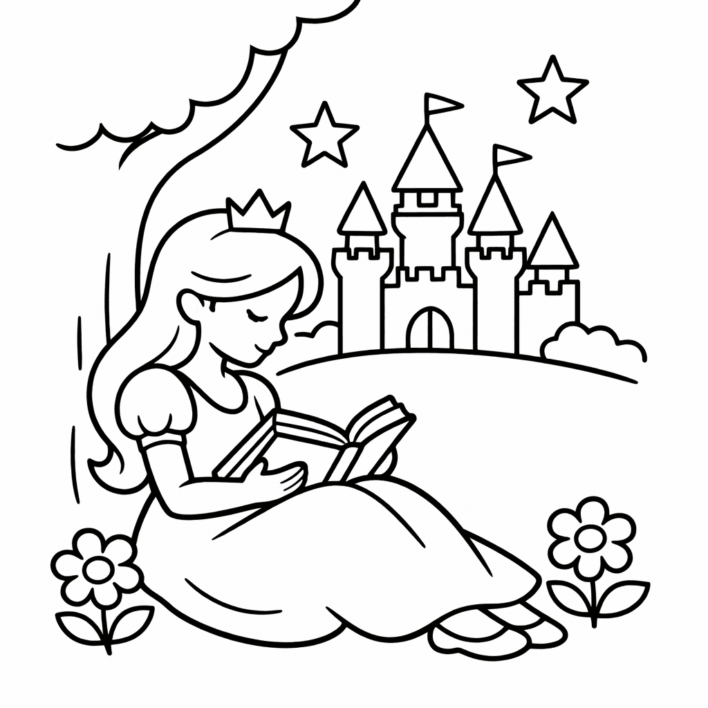 Princess Coloring Page — A Princess Picking Flowers In A Meadow