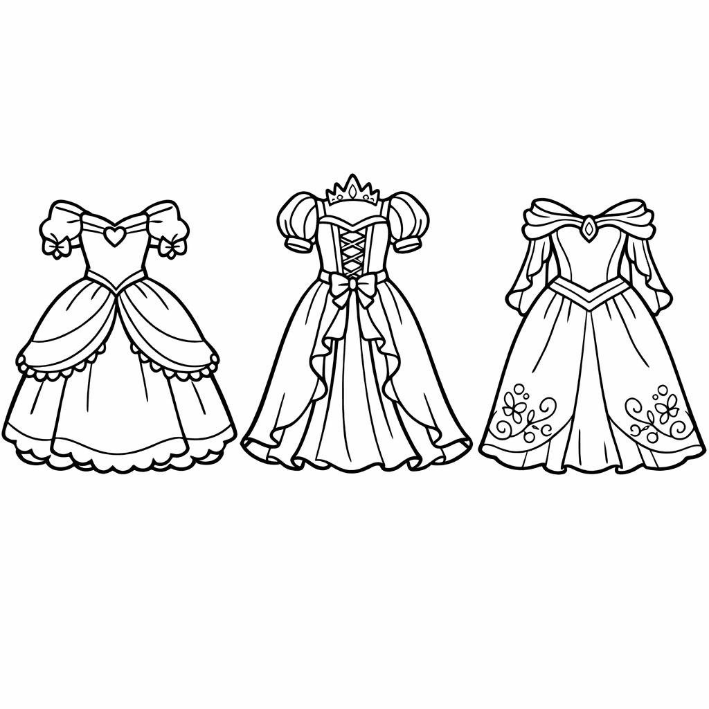 Free printable coloring page: Three Different Princess Dresses To Color, for ages 7-12