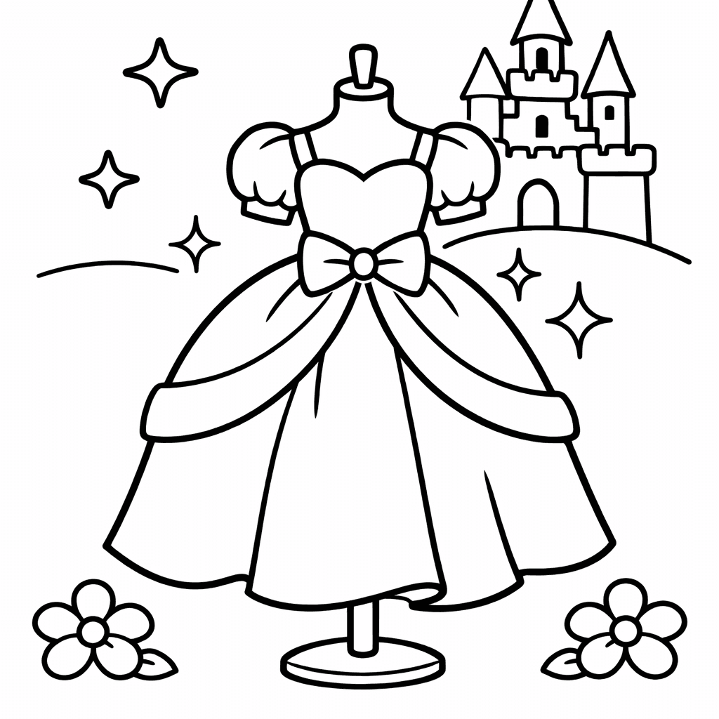 Free printable coloring page: Three Different Princess Dresses To Color, for ages 3-6
