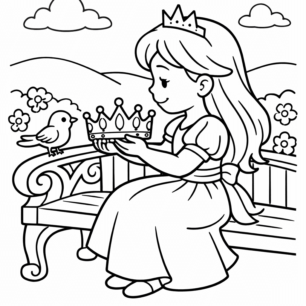 Princess Dress Coloring Page — A Princess Trying On Different Crowns In Front…