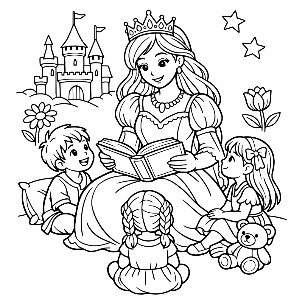 Free printable coloring page: A Queen Reading Stories To Young Children, for ages 7-12