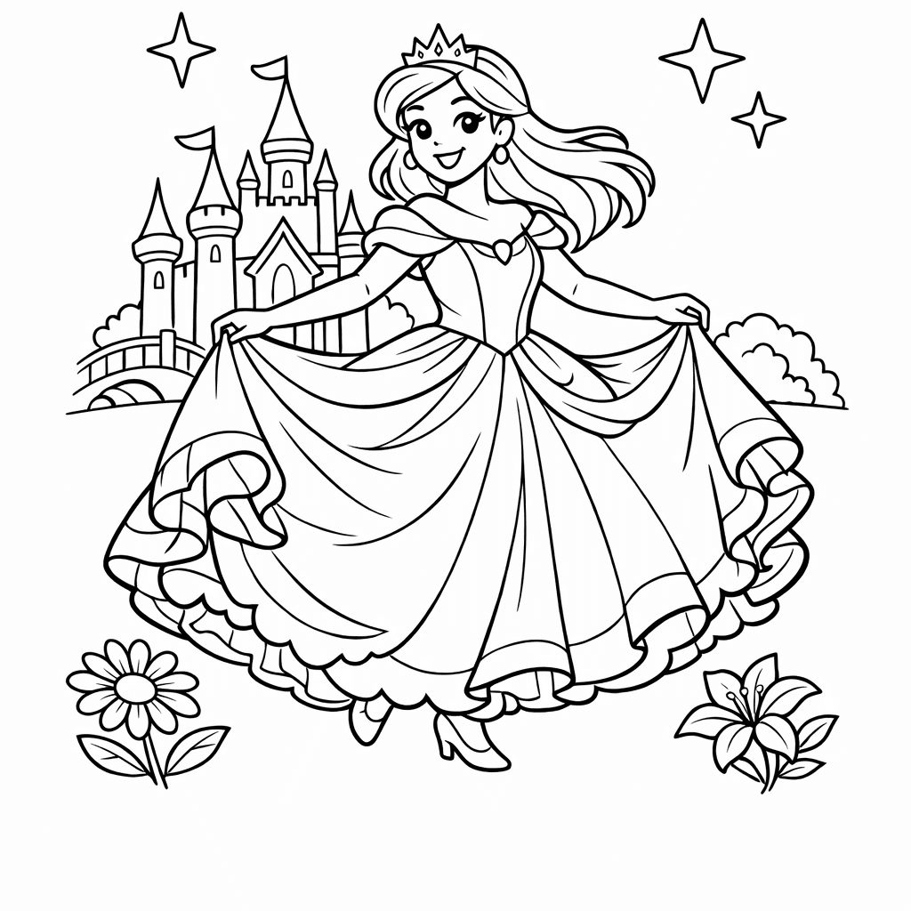 Free printable coloring page: A Princess And Prince Dancing At A Grand…, for ages 7-12