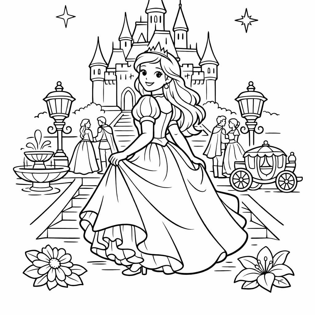 Free printable coloring page: A Royal Ball With Guests Arriving At The…, for ages 7-12