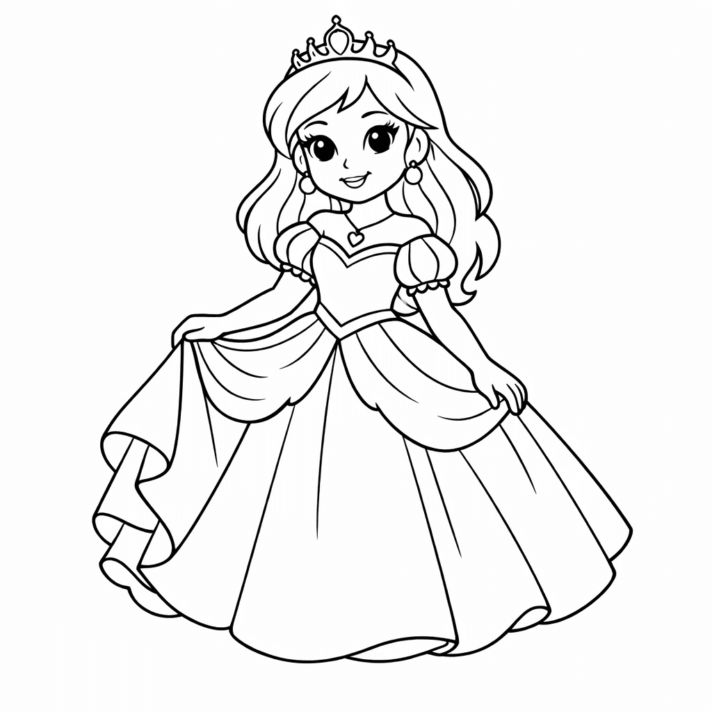 Free printable coloring page: A Princess Twirling In A Beautiful Ball Gown, for ages 3-6