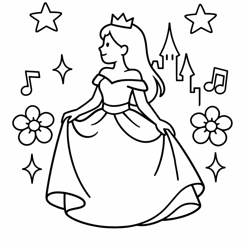 Free printable coloring page: A Princess And Prince Dancing At A Grand…, for ages 3-6