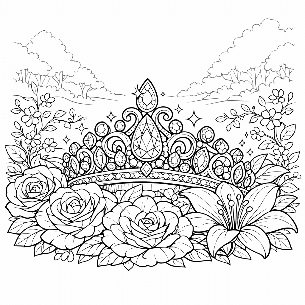 Free printable coloring page: A Princess Putting On Her Crown Looking In…, for ages 7-12