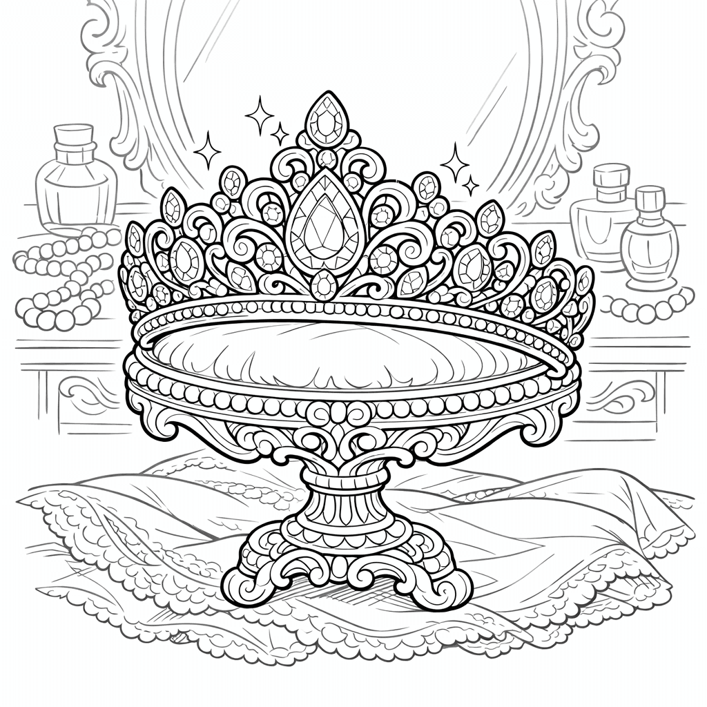 Free printable coloring page: A Jeweled Crown Surrounded By Flowers, for ages 7-12