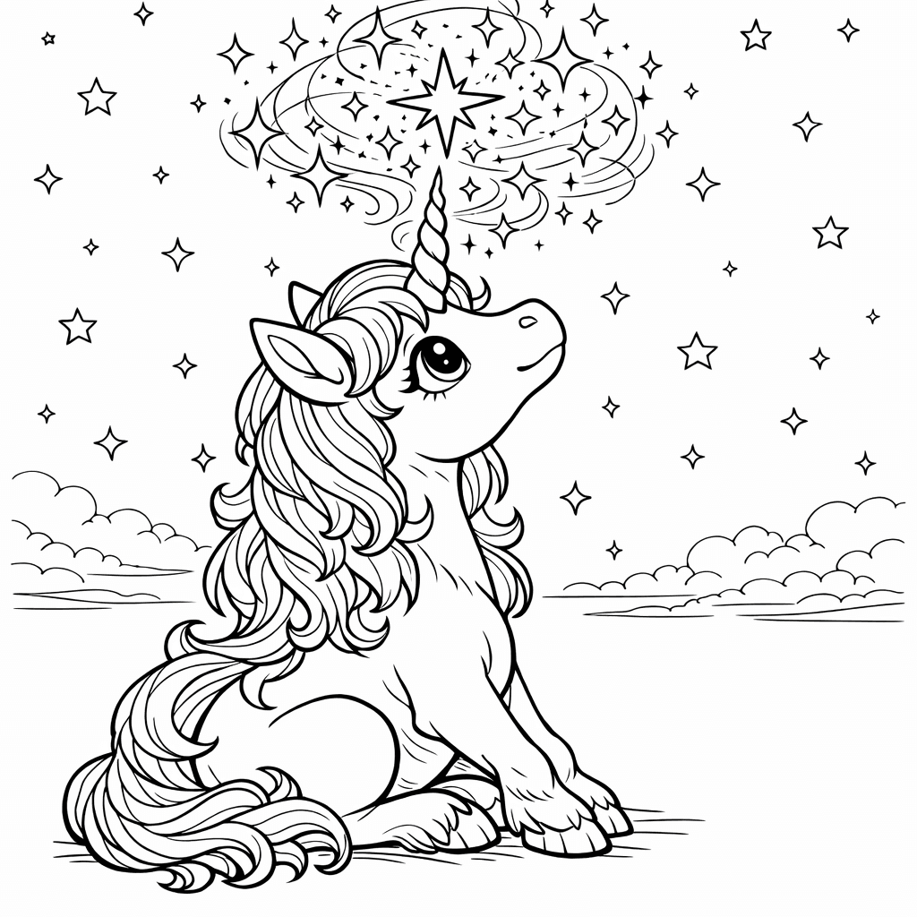 Free printable coloring page: Object Only: A Cute Unicorn With Clean Outlines,…, for ages 7-12