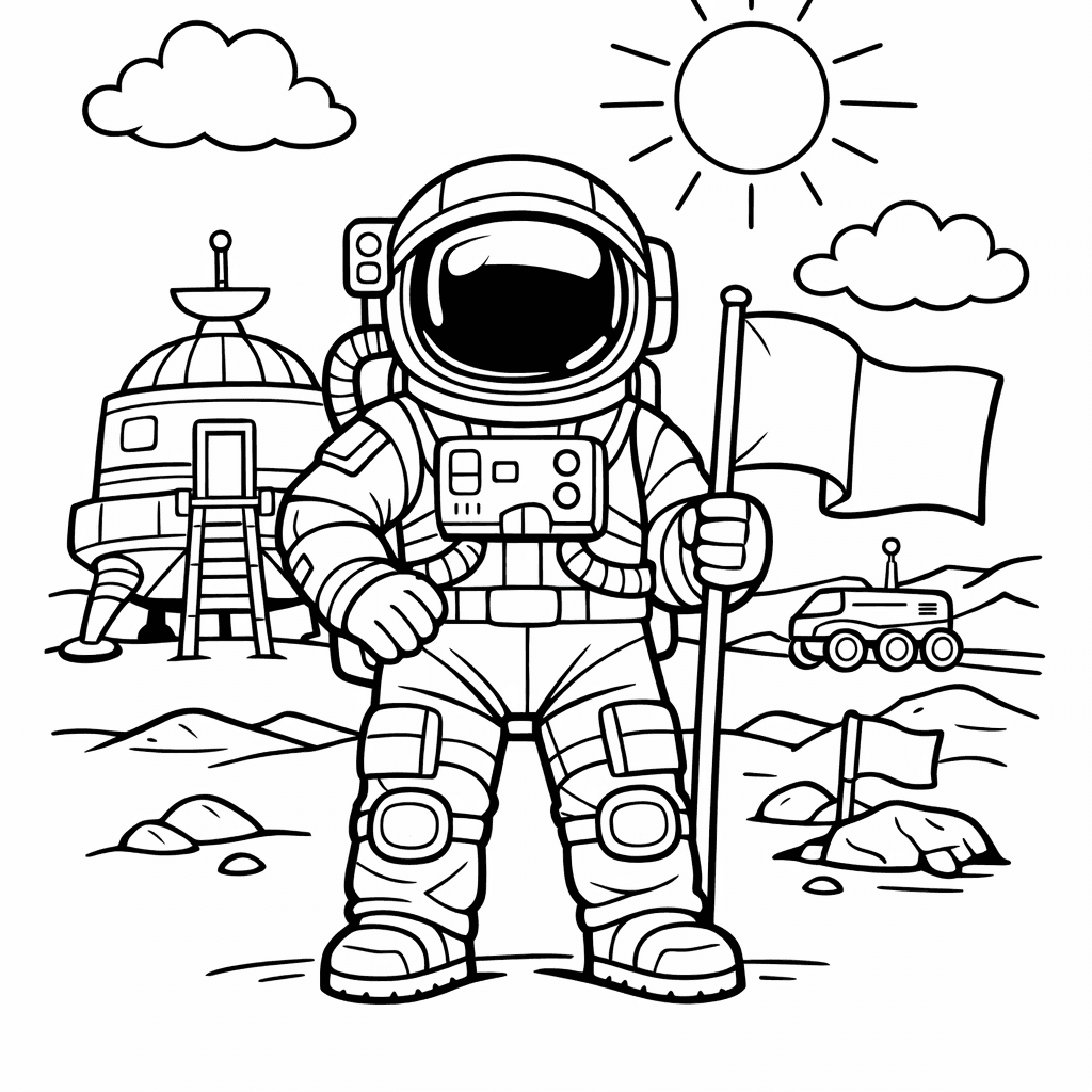 Free printable coloring page: A Brave Astronaut Stands Boldly On The Moon’s…, for ages 7-12